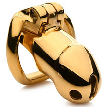 Load image into Gallery viewer, MASTER SERIES Midas 18K Gold-Plated Locking Chastity Cage for Men, and Couples. Gold Plated Cage with Two Graduated Rings &amp; 2 Keys, Perfect for Chastity Play. 5 Piece Set, Gold.
