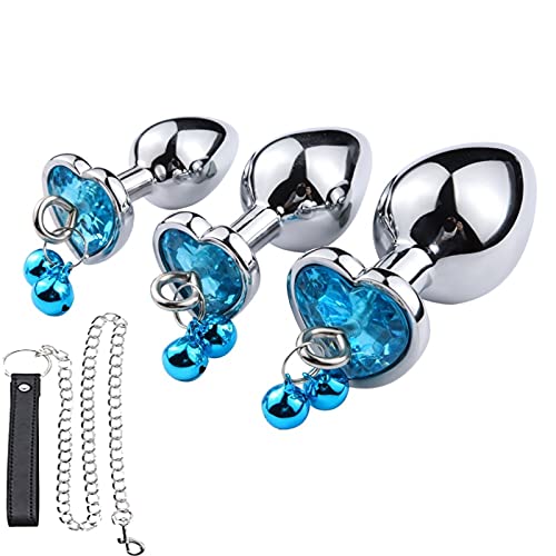 Metal Bell Anal Plug Heart Shape Crystal Butt Plug with Traction Chain Tame Games Anus Expander Toys Private Good for Couples Crystal Heart Buttplug Stainless Steel Leash Chain Anal Plug-Bule