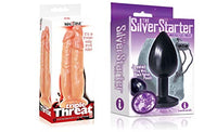 Sexy, Kinky Gift Set Bundle of Massive Triple Threat 3 Cock Dildo and Icon Brands The Silver Starter, Bejeweled Annodized Stainless Steel Plug, Violet
