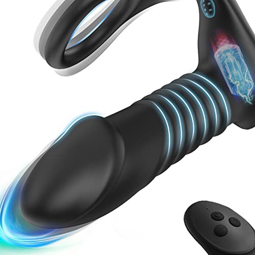 Thrusting Anal Sex Toy Vibrator with Thick Penis Ring, 3 * 10 Vibrating&Telescopic Prostate Massager Anal Vibrators, TIVINO Silicone Dildo Shaped Anal Plug Gay Toy for Men Masturbation Big Virsion