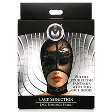 Load image into Gallery viewer, Master Series Lace Seduction Bondage Hood. BDSM Mask and Sexy Fetish Fantasy Costume for Women, Men &amp; Adult Couples. Machine Washable, Polyester, Black, One Size Fits Most
