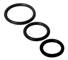 Load image into Gallery viewer, Cock Ring Silicone Male Erection Enhancement Stay Hard Set of 3 Cockrings Discreet Packaging - Black 2in, 1.75in, and 1.5in
