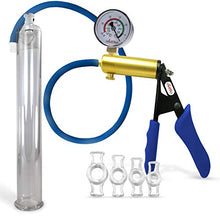 Load image into Gallery viewer, Vacuum Penis Pump Ergonomic Silicone Grip, Uncollapsable Hose LeLuv Ultima Blue Premium with Gauge + 4 Cock Rings 12&quot; x 1.35&quot;
