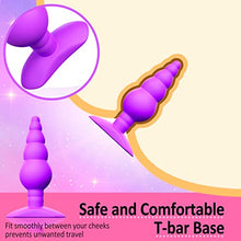 Load image into Gallery viewer, Anal Butt Plug Silicone Gradual Ribbed Anal Bead for Comfortable Long-Term Wear Prostate Massager Sex Toy with T-bar Base &amp; Thin Neck for Men Women Purple TJIJP
