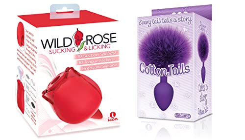 Sexy, Kinky Gift Set Bundle of Wild Rose and Tongue and Icon Brands Cottontails, Silicone Bunny Tail Butt Plug, Purple