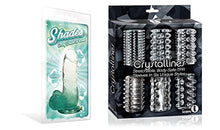 Load image into Gallery viewer, Sexy, Kinky Gift Set Bundle of Shades, Small Jelly TPR, Gradient Dong, Emerald and Icon Brands Crystalline TPR Cock Sleeves, 6 Pack, Clear
