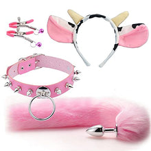 Load image into Gallery viewer, 4 Pcs Set Fun Cow Sheep Antelope Rabbit Sexy Maid Tie Ear Hairpin SM Metal Tail Anal Plug. Cosplay Neck Chest Bondage Accessories Sex Toy for Women Female Men Male Unisex (Cow Pink)
