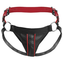 Load image into Gallery viewer, Master Series Heathen&#39;s Harness Male Body Harness for BDSM, Vegan Leather Body Harness Restraints with 2 inch Cock Ring. Small Medium, Black &amp; Red
