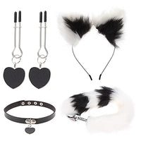 Women Fluffy Fox Set with Fox Tail Butt Plug Collar Nipple Ring and Plush Fox Ear Headband Faux Fur Cat Cosplay Toy Flirting Pleasure Game Toy