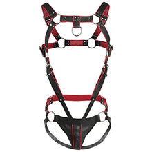 Load image into Gallery viewer, Master Series Heathen&#39;s Harness Male Body Harness for BDSM, Vegan Leather Body Harness Restraints with 2 inch Cock Ring. Large - X-Large, Black &amp; Red
