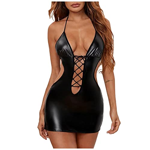 Plus Size Babydoll for Women PU Leather Lingerie Spaghetti Strap Mini Dress Floral Lace Chemise Sexy Nightdress Clubwear Black