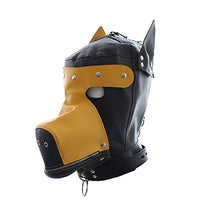 PU Leather Bondage Dog Blindfold Full Head Harness Fetish Blindfold Zipper Head Hood Sex Toys for Couples (Yellow)