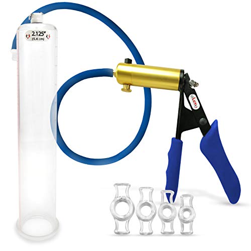 LeLuv Ultima Blue Premium Vacuum Penis Pump Ergonomic Silicone Grip, Uncollapsable Hose & Cylinder w/ 4 Cock Rings - 12