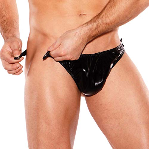 Zeus Wet Look Snap Side Thong, Black