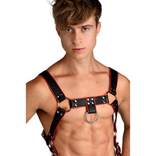 Load image into Gallery viewer, Master Series Heathen&#39;s Harness Male Body Harness for BDSM, Vegan Leather Body Harness Restraints with 2 inch Cock Ring. Large - X-Large, Black &amp; Red
