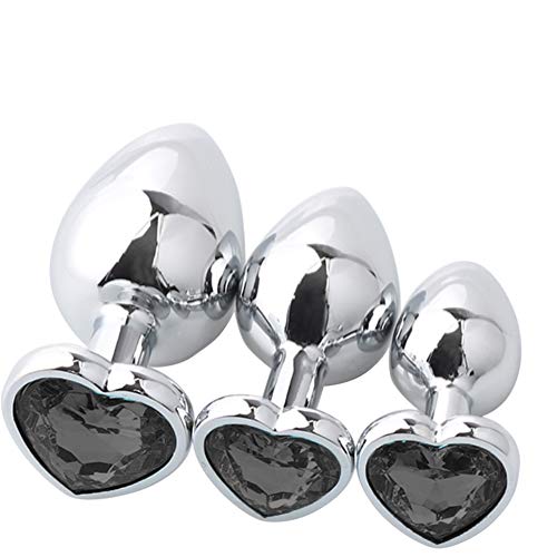 Anal Butt Plug Trainer Kit 3 Pcs Stainless Steel Anal Dilator with Different Sizes Adult Anal Sex Toys with Heart Shaped Jewelry Base for Male Female Masturbating (Black)