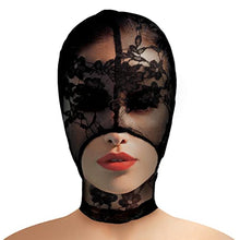 Load image into Gallery viewer, Master Series Lace Seduction Bondage Hood. BDSM Mask and Sexy Fetish Fantasy Costume for Women, Men &amp; Adult Couples. Machine Washable, Polyester, Black, One Size Fits Most
