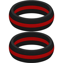 Load image into Gallery viewer, Set of Two (2) Thin Red Line Silicone Rings Size 13 - Engagement Wedding Replacement Band for Active and Workout Lifestyles - fire Fighter Support
