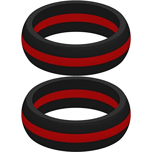 Set of Two (2) Thin Red Line Silicone Rings Size 11 - Engagement Wedding Replacement Band for Active and Workout Lifestyles - fire Fighter Support