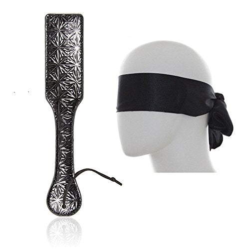 feifanmall Black Satin Blindfold Eye Mask with Love Flirting Flirt Tool Leather Hand Spanking Slapper Paddle