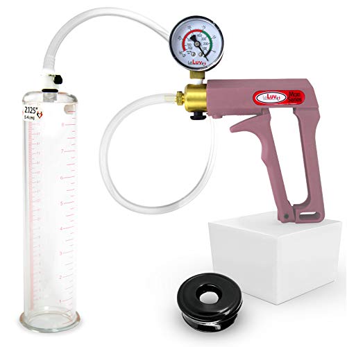 LeLuv Maxi Purple Handle Plus Vacuum Gauge Penis Pump Bundle with Soft Black TPR Seal 9 inch x 2.125 inch Cylinder