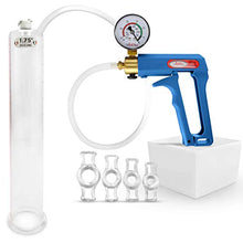 Load image into Gallery viewer, LeLuv Maxi Blue Plus Vacuum Gauge Penis Pump Bundle with 4 Sizes of Constriction Rings 12 inch x 1.75 inch Cylinder
