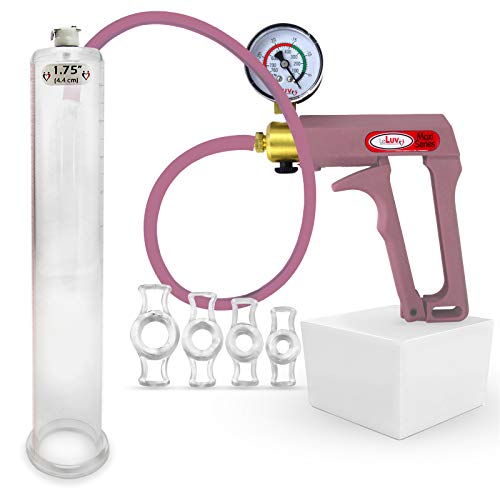 LeLuv Maxi Purple Plus Vacuum Gauge Premium Uncollapsable Silicone Hose Penis Pump Bundle with 4 Sizes of Constriction Rings 12 inch x 1.75 inch Cylinder