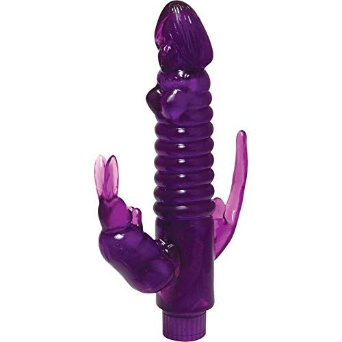 Ribbed Bunny Waterproof Vibe with Anal Tickler 8 Inch Purple