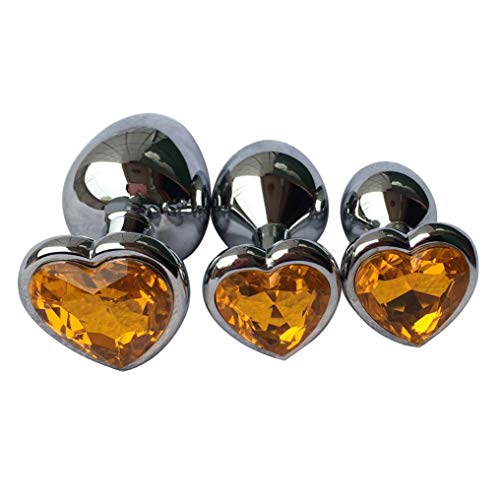 3Pcs Set Luxury Metal Butt Toys Heart Shaped Anal Trainer Jewel Butt Plug Kit S&M Adult Gay Anal Plugs Woman Men Sex Gifts Things for Beginners Couples Large/Medium/Small,Yellow