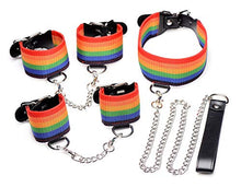 Load image into Gallery viewer, New Extreme Obedience Kinky Pride Rainbow Bondage Set - Wrist/Ankle Cuffs &amp; Collar with Leash - Perfect for All Skill Levels
