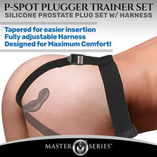 Load image into Gallery viewer, Master Series P-Spot Plugger Anal Prostate Plug Trainer Set with Harness. Premium Silicone Butt Plug Sex Pegging Toy. 3 Anal Plugs Included - Small, Medium, Large, Black (AH053)
