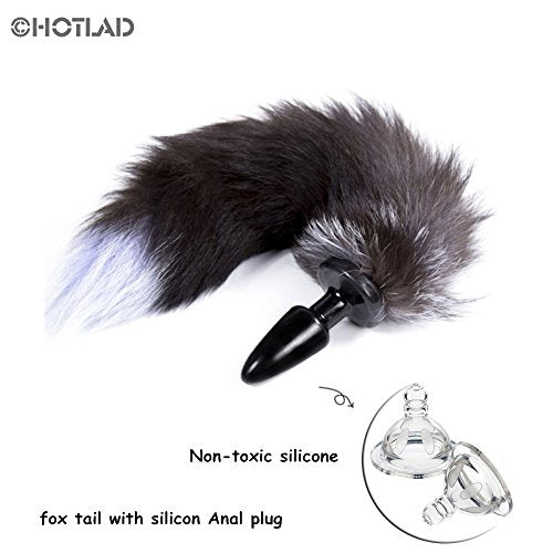 HOTLAD Anal Plug with Soft Fox Tail Silicone Butt Plug Anal Stimulator Sex Toy for Man Woman Black Large