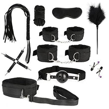 Load image into Gallery viewer, Bed Restraints Sex Toys Black Bondage Restraints Set Fetish for Beginners Light SM Adult Games Safe Cuffs Nipple Clamps Flogger Ball Gag Blindfold Rope-11pcs Black
