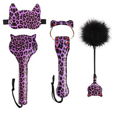 Load image into Gallery viewer, Bluebay Leather 4PCS Whip Set Cat Hear Horse Riding Crop Spanking Paddle Faux Leather Tickle, Blindfold (Leopard Purple)
