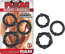 Load image into Gallery viewer, Ram Beaded Cockrings (Black) with Free Bottle of Adult Toy Cleaner
