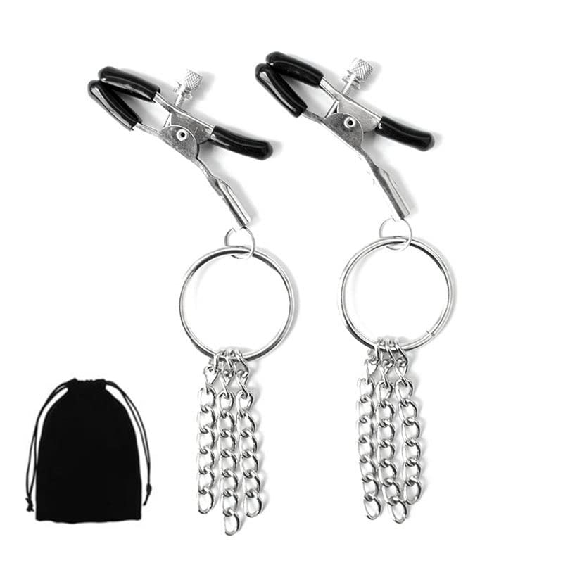 2 PCs Nipple Clamps with Metal Ring, Adjustable Nipple Clips Clamps for Women Men, Breast Massage Nipple Clamps Non Piercing, Nipple Toys for Sex Pleasure (Ring&Chains)