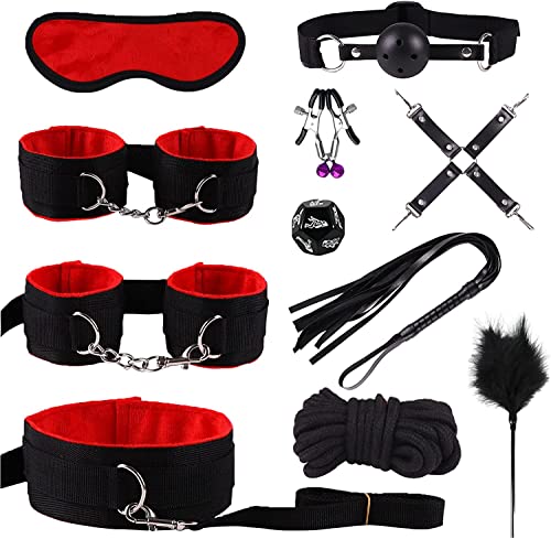 11 Pcs Bed Restraints Kit Bed Bondage Eye Mask Blindfolds Soft Wrist and Ankle Handcuffs with Restraint Straps Rope for Couples Sex - Red