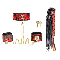 LANWAN Sex Restraint Set 3pcs Bed Restraints Kit Leather Neck Collar Horse Whip Handcuffs with Locks and Keys for Women (Set A)