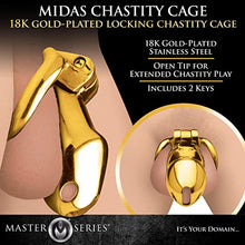 Load image into Gallery viewer, MASTER SERIES Midas 18K Gold-Plated Locking Chastity Cage for Men, and Couples. Gold Plated Cage with Two Graduated Rings &amp; 2 Keys, Perfect for Chastity Play. 5 Piece Set, Gold.
