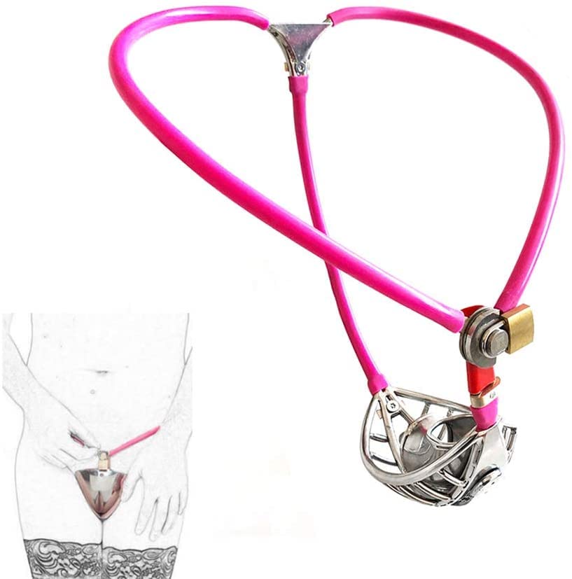 MMWMJWMB Male Stainless Steel with Cage Invisible Chastity Belt Device Underwear Fetish Panties Adjustable Chastity Device with Anal Plug Bondage Fetish Adults Sex Toy-waist/80cm~90cm,Pink