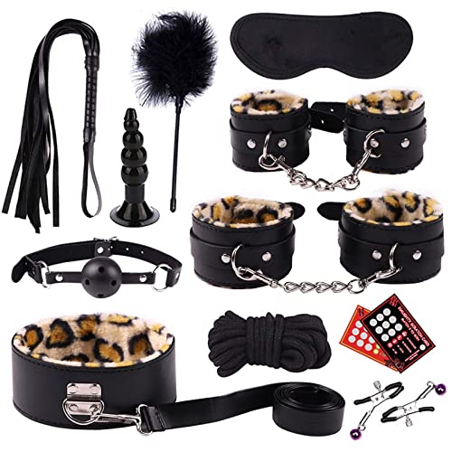 YIXISM BDSM Bondage Kits Sexy Toys Handcuffs for Woman Anal Plug Female Erotic Accessories Sexulaes Toys for Adults 18 (Color : 13Pcs-Leopard Print)