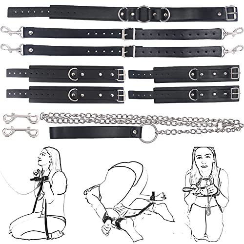 Xocity BDSM Kits Sex Bondage Cover Neck Choker with Traction Chain 2 Straps 4 Handcuffs, Sub Restraints Sex Toy for Women SM Thigh Restraint Sling(Black)