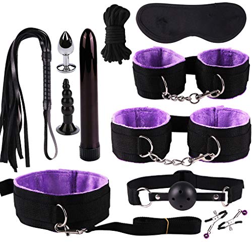 Haxlzwh Plugs Anal Vibrator Handcuffs Wear Vibration Nipple Clamps SM Sex Toys Set 11PCS Purple