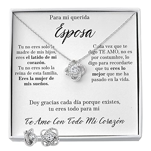 Regalo para Esposa Set de Aros y Collar El Amor De Mi Vida Regalo para Mujer Joya Collar Mensaje Personalizado Para Madre Joyera Para Mam, Regalo Aniversario de Esposo Para Esposa Acabado Oro Blanco