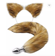 Load image into Gallery viewer, Cat Tail but Plug/Fox Tail Anal Plug Toy, with Sexy cat Ears Cosplay Party Exotic Sensational Toy Set Animal Furry Tail and Ears (Brown White
