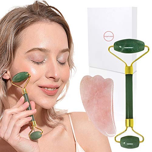 Jade Double-Head Roller Massager Natural Pink Opal Stone Slimming Face Neck Anti-wrinkle Massager Skincare Tool with GuaSha tool with a gift box W3915 (Olive Jade)