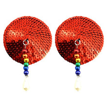 Load image into Gallery viewer, Bijoux de Nip Sequin Round Shaped Nipple Covers with Rainbow Anodized Beads and Pearls, Red, 2.9 Ounce
