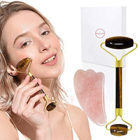 Jade Double-Head Roller Massager Natural Pink Opal Stone Slimming Face Neck Anti-wrinkle Massager Skincare Tool with GuaSha tool with a gift box W3915 (Tiger Eye)