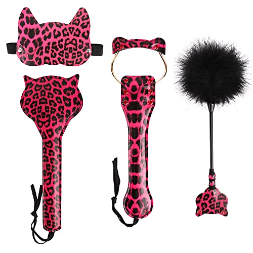 Bluebay Leather 4PCS Whip Set Cat Hear Horse Riding Crop Spanking Paddle Faux Leather Tickle, Blindfold (Leopard Pink)