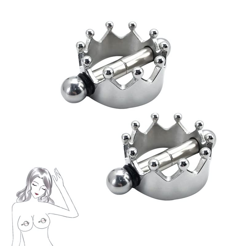 2/4PCs Magnetic Crown Nipple Clamps, Nipple Rings Non Piercing for Daily Wearing Nipple Jewelry Surgical Steel Nipple Clips Sexual Pleasure (Silver)